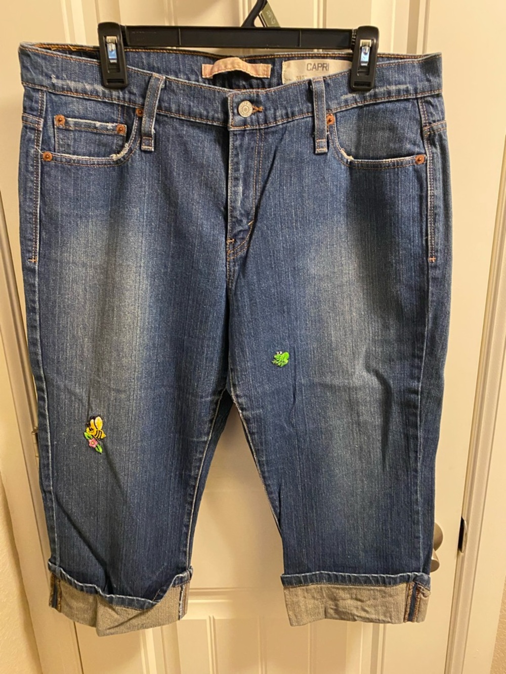Levis 515 Jeans 14 Capri Length Stretch Blue Denim Capris Leg Patches Vintage